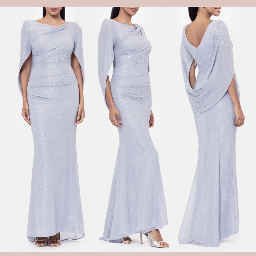 NWT $259 Betsy & Adam [ 10 ] Metallic Crinkle Cape Sleeve Trumpet‎ Gown #Q980